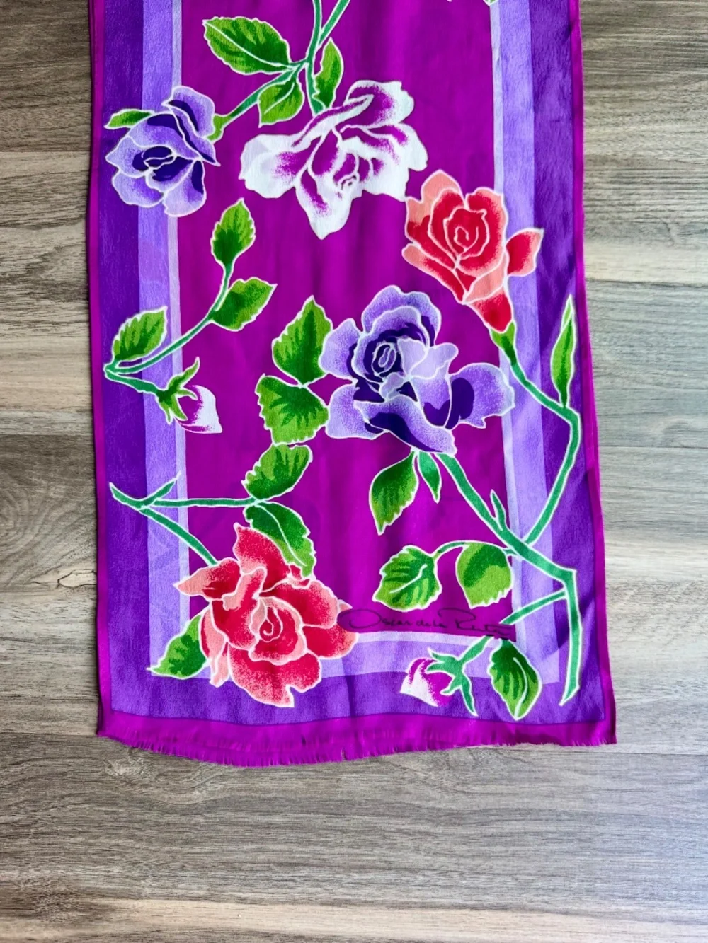 Vintage Oscar‎ De La Renta Floral Long Scarf Magenta Purple Rose Print